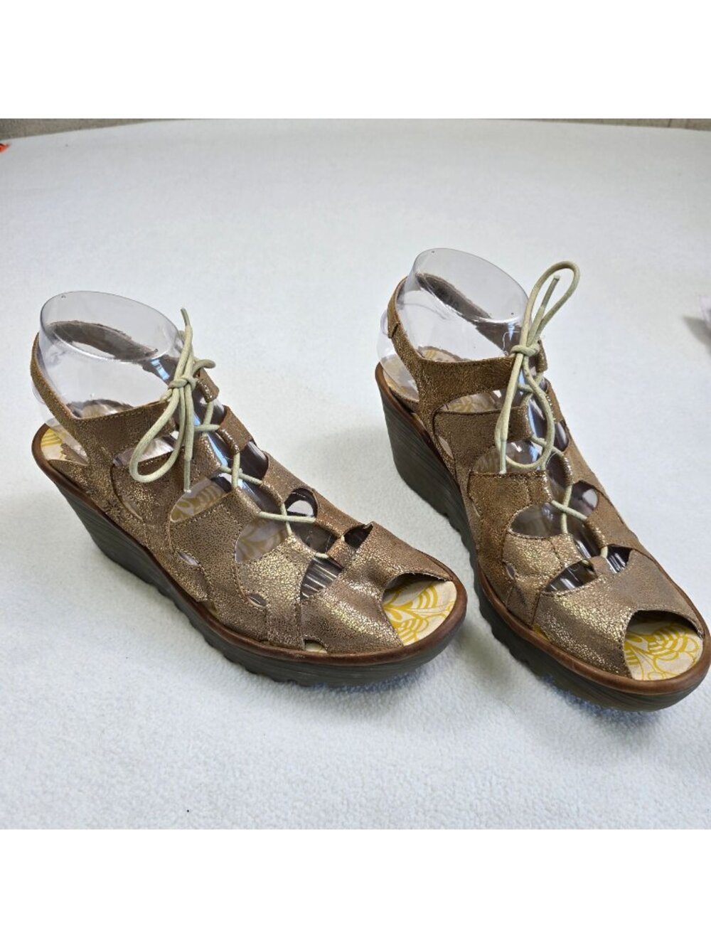 Fly London 39 Womens Sandals Metallic Gold Cutout Lace-Up Wedge Slingback